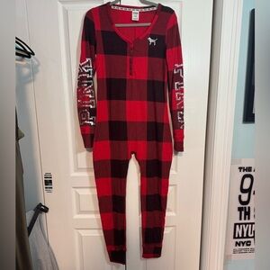 PINK 2018 EUC sleep onesie sequins plaid large